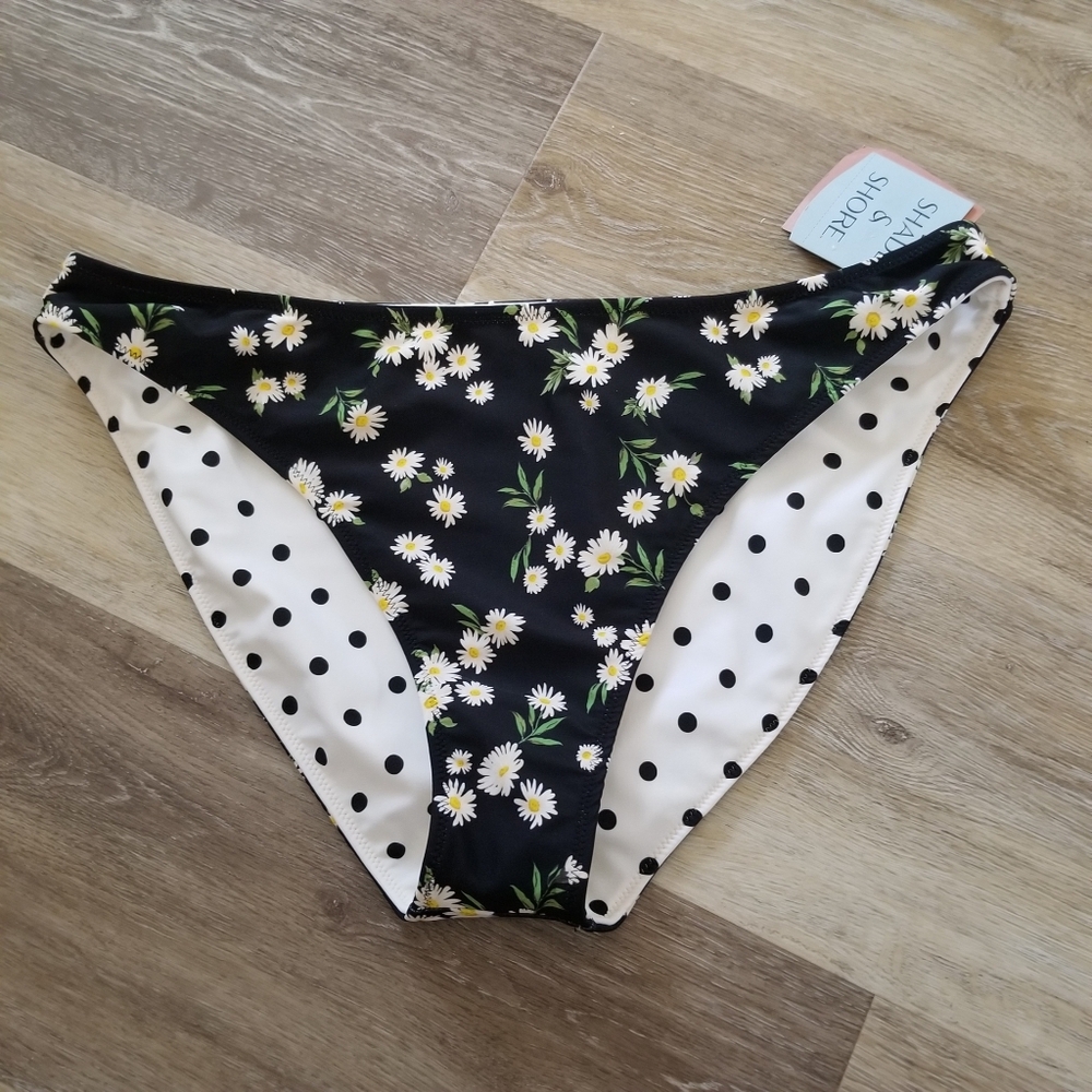 NWT Shade  & Shore Reversible Polka Dot Daisy Print Bikini Bottom  Size XL